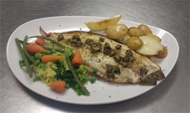 Castle Inn Pub food - fresh local fish. Hot food, lunch, dinner, dessert - served 7 days a week